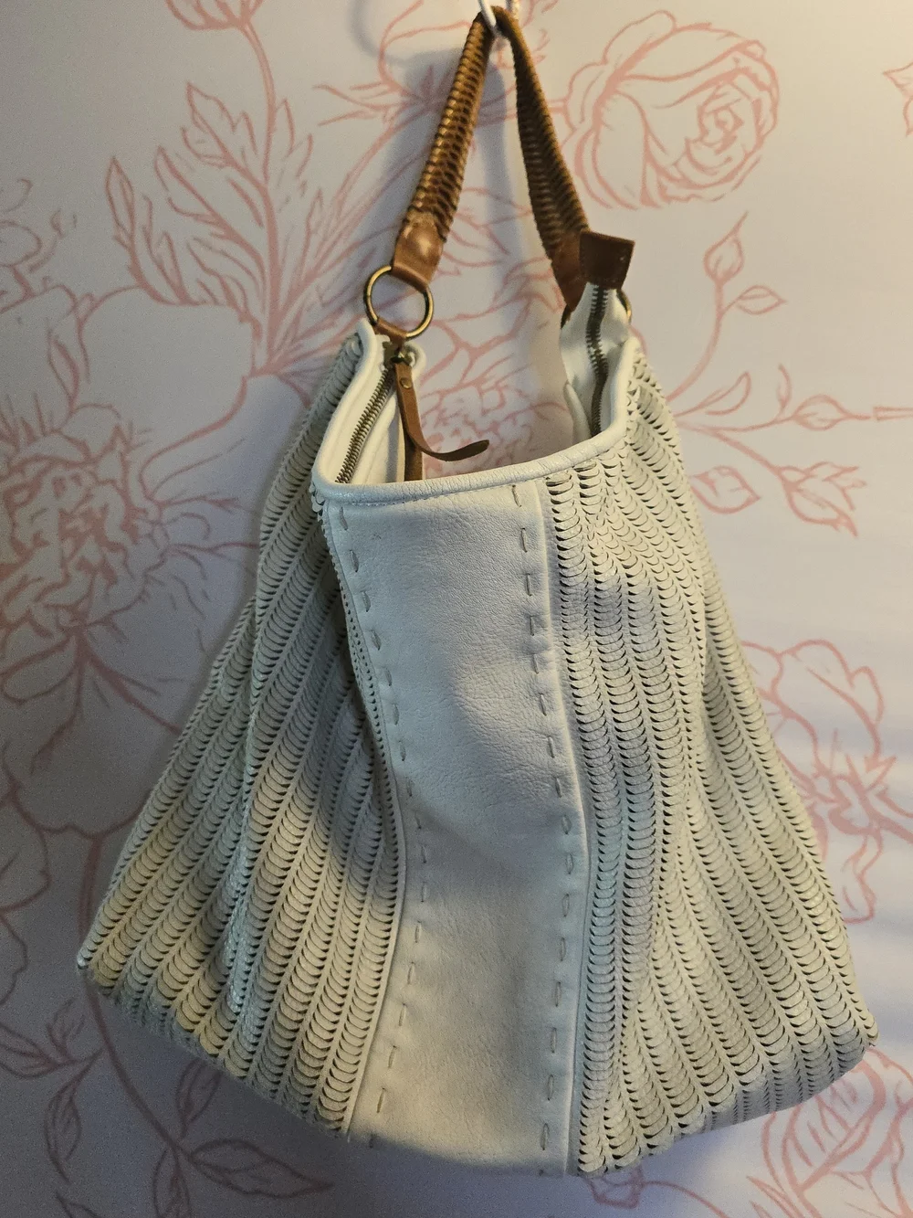 Free People Large Cream Vegan Leather Shoulder Bag with Crossbody Strap